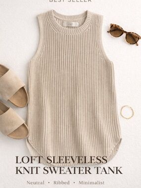LOFT Sleeveless Sweater Tank Medium 100% Cotton Ribbed Neutral Top
